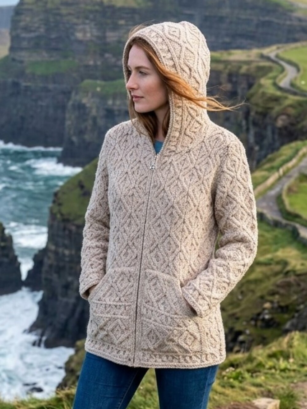 Aran Mor Women's Cream Irish Hooded Cable Knit Zip-Front Sweater Size Medium